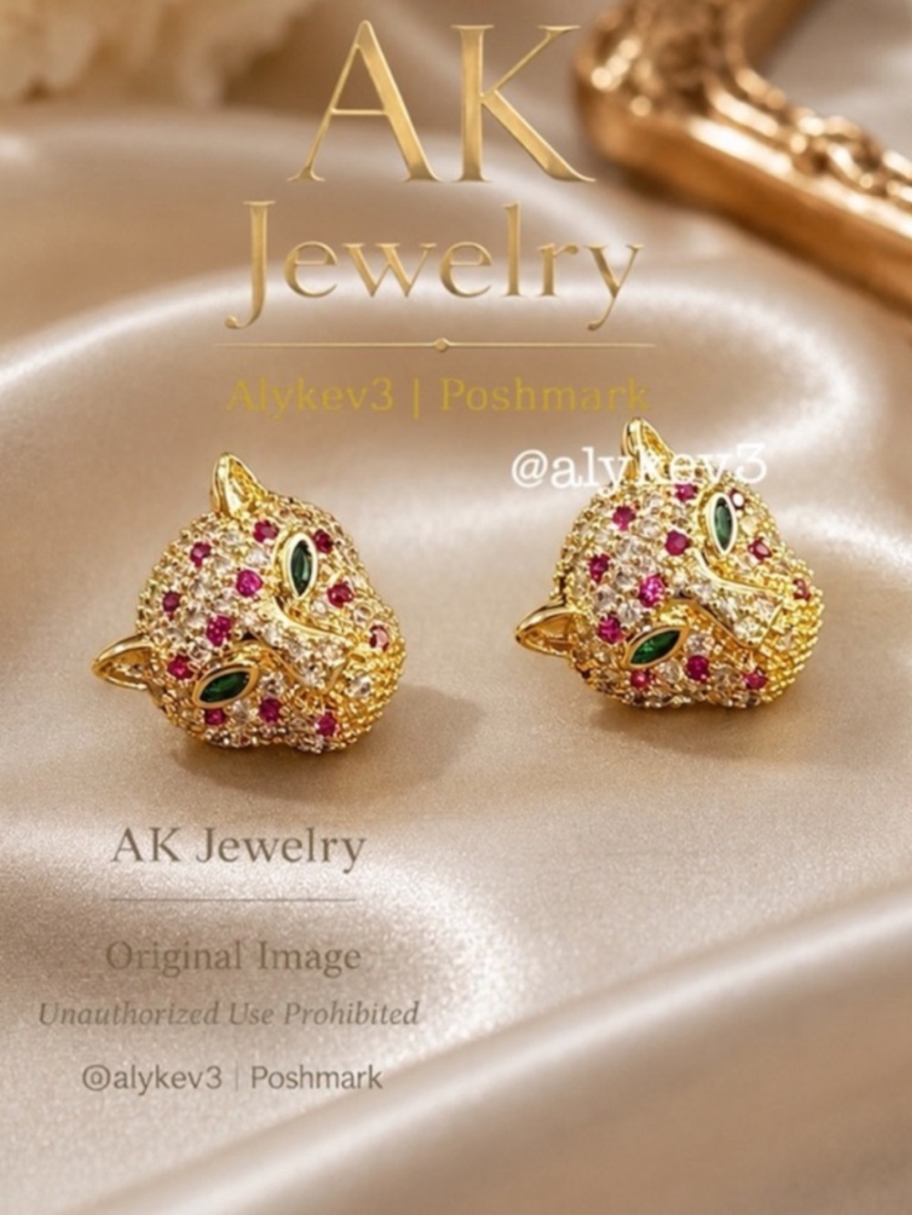 💎PANTHER PINK & Gold PAVE EARRINGS Needle Pierced, Pave Design